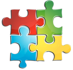 4 colored puzzle pieces fitted together.