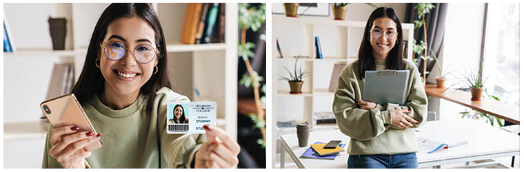 student with id card and showing her room