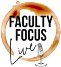 Faculty Focus Live text with in an orange circle with microphone below