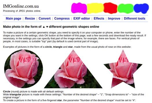 IMGonline.com.ua homepage screenshot. colors, and flowers inside a circle, triangle, and star