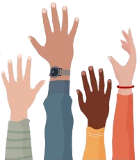4 raised hands of different diversity