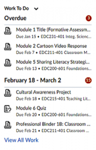 Work to Do Widget: Student view of the Work To Do widget. Three overdue assignments are shown. Three upcoming assignments from February 18 until March 2 are shown underneath. The option to View All Work is at the bottom. 