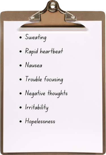 list of test anxiety symptoms including Sweating, Rapid heartbeat, Nausea, Trouble focusing, Negative thoughts, Irritability, Hopelessness