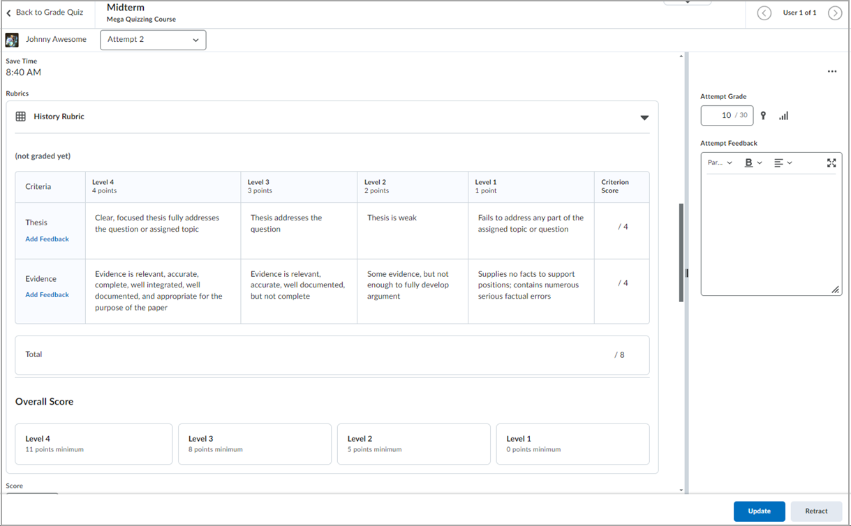 The rubric appears in the quiz window for the written response question.