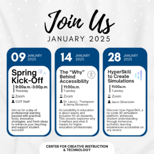 January 2025 Trainings that include a kick off training on January 9th and Lunch and Learn sessions on January 14th and 28th, both at 11 am.