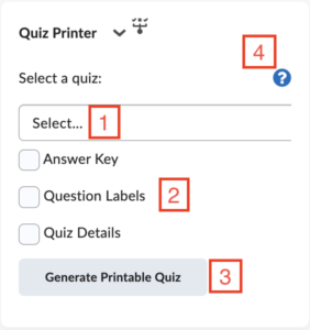 Image of the quiz printer widget with labels for each part. Labels are numbered and described below.