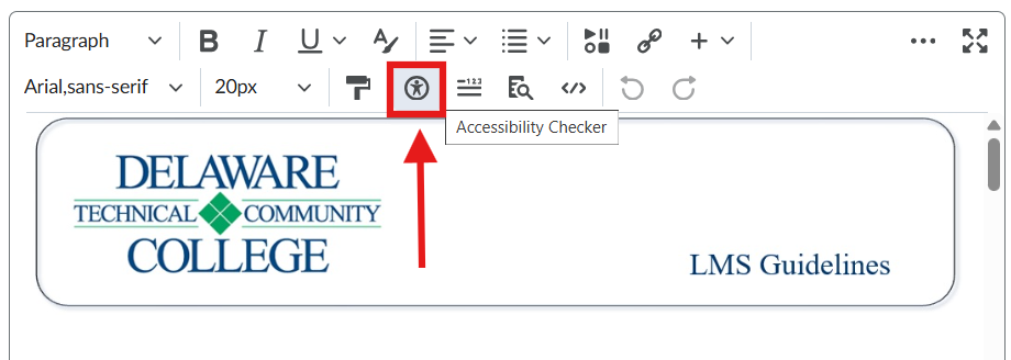 The Brightspace HTML editor with an arrow point to the Accessibility Checker Icon.