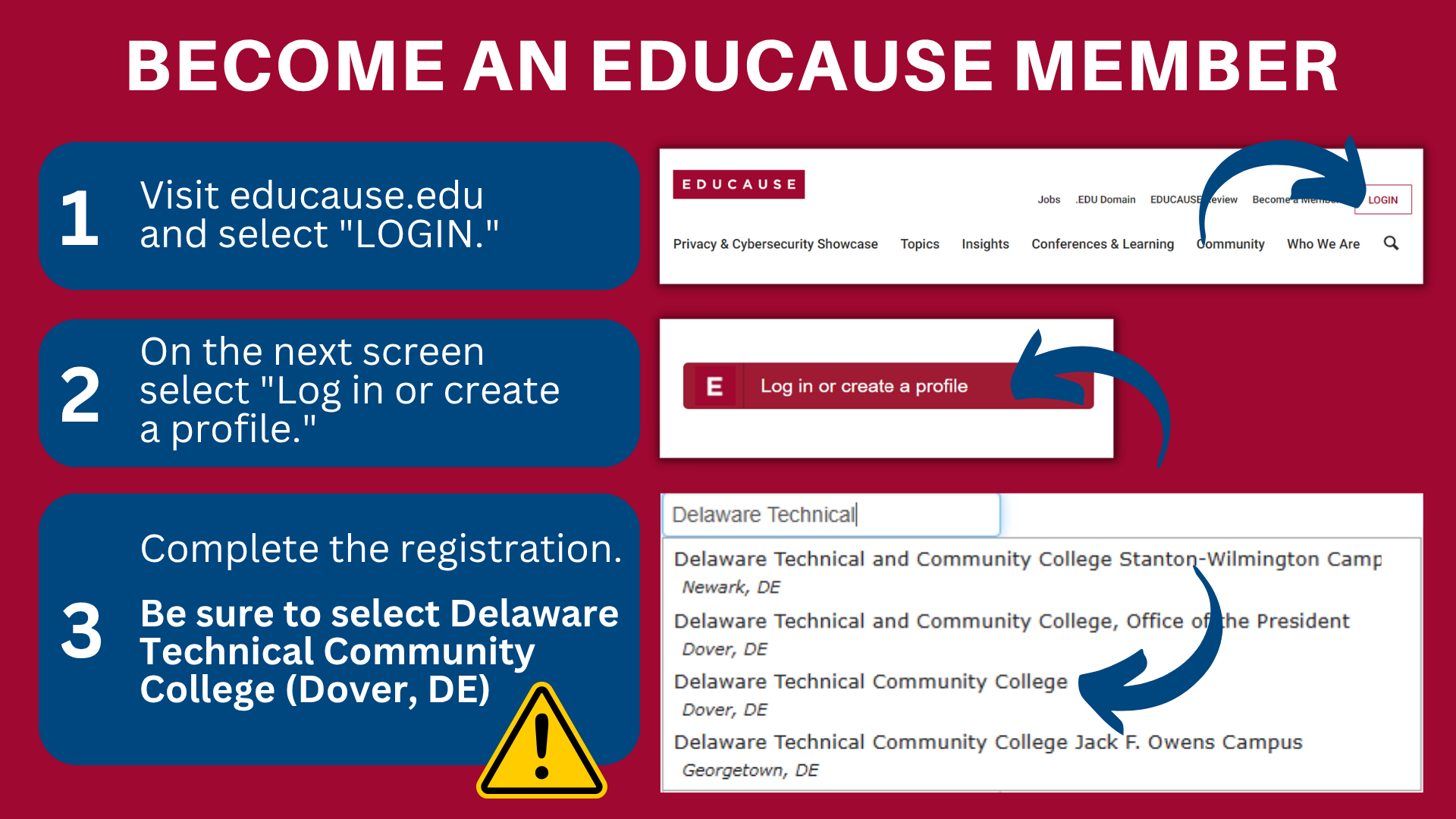 1. Visit educause.edu and select Login. 2. On the next screen select log in or create a profile. 3. Complete the registration. Be sure to select Delaware Technical Community College, Dover DE