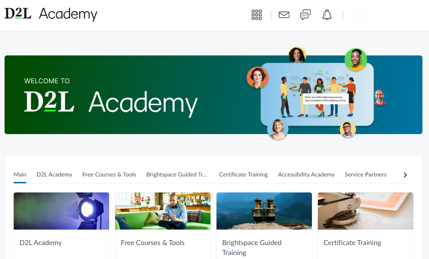 The D2L Academy homepage, which shows options including D2L Academy, Free Courses & Tools, Brightspace Guided Training, and Certificate Training.