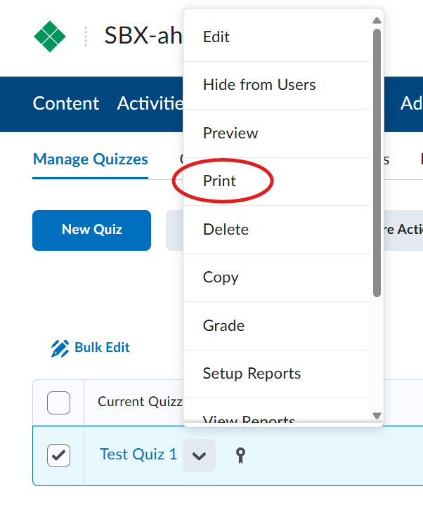 The menu to adjust quiz settings on D2L Brightspace. The option to print a quiz has been circled.